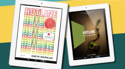 A cover image for the French and English versions of Hotline by Dimitri Nasrallah each appear on a tablet.