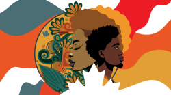 BHM2024-250px Featuring a colourful background made up of vibrant blue, orange, and red colours with floral detailing and two prominent faces at the forefront.