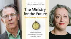 Photo of author Kim Stanley Robinson, book cover image for his book, Ministry of the Future, and photo of Dorothy Woodend.