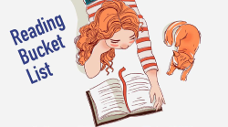 A girl with red hair lying on her stomach reading a book and a orange cat next to her. Text: Reading Bucket List.