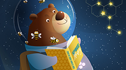 A bear dressed as an astronaut floats in space while reading a book. 