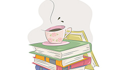 A teacup and sauced sits on top a stack of four books.