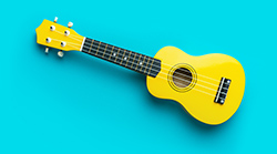 blue background, yellow ukulele