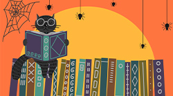 A black cat reads a book while atop a bookshelf, spiders hang down from webs. 