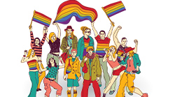 Group of people in colourful clothing waving rainbow flags.