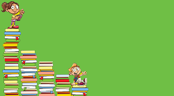 Five stacks of books in set up like a staircase, a kid stands on the tallest stack while another kids sits on the shortest stack.