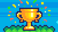 Pixel art/video game screen with winner cup and confetti. 