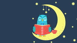 Blue owl holding an open red book, perched in the crook of a crescent moon