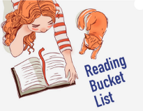 A girl with red hair lying on her stomach reading a book and a orange cat next to her.