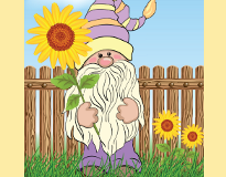 A garden gnome holding a sunflower poses against a fence.