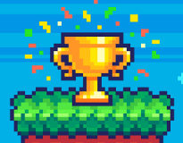Pixel art/video game screen with winner cup and confetti.