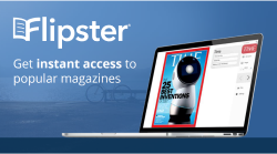 Text reads "Flipster: Get instant access to popular magazines" next to laptop showing a cover image of an issue of Time magazine.