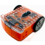 A little rectangular orange robot with two big black wheels on one end.